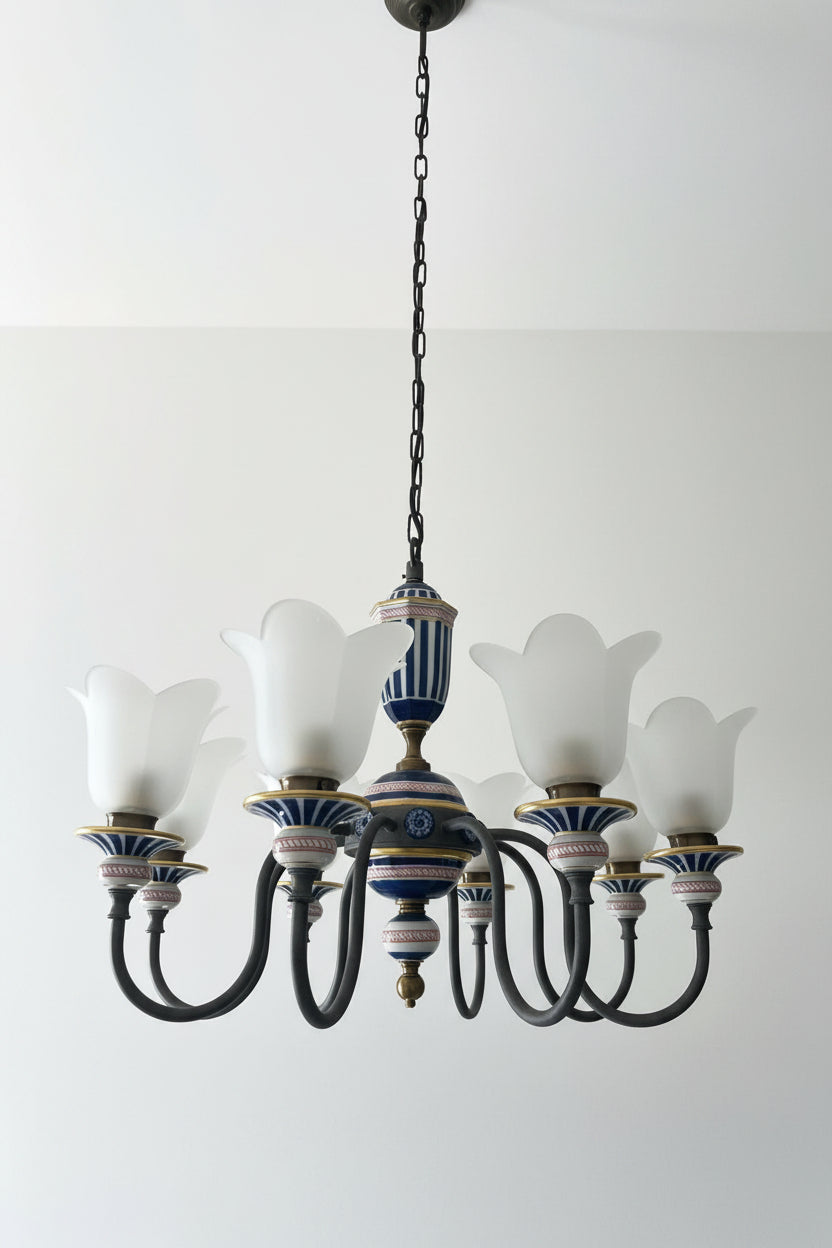 Le Porcellane lampadario blu e oro 8 luci