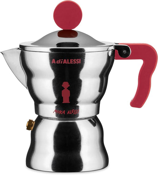 Alessi "Moka" caffettiera espresso di design, corpo in alluminio, manico e pomolo in resina termoplastica, 1 tazza