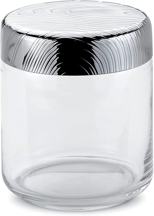 Alessi "Veneer" PU05/75 barattolo da cucina ermetico di design, in vetro con coperchio in acciaio inossidabile 18/10 con decoro in rilievo